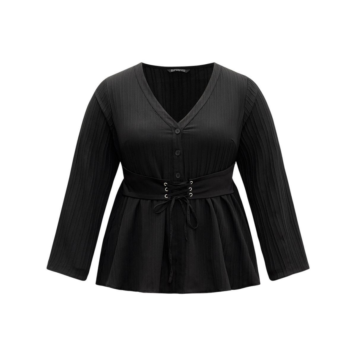 Plus Size Black Solid Textured Button Detail Lace Up Blouse Women At the Office Long Sleeve V-neck Work Blouses BloomChic 12/L Product Image