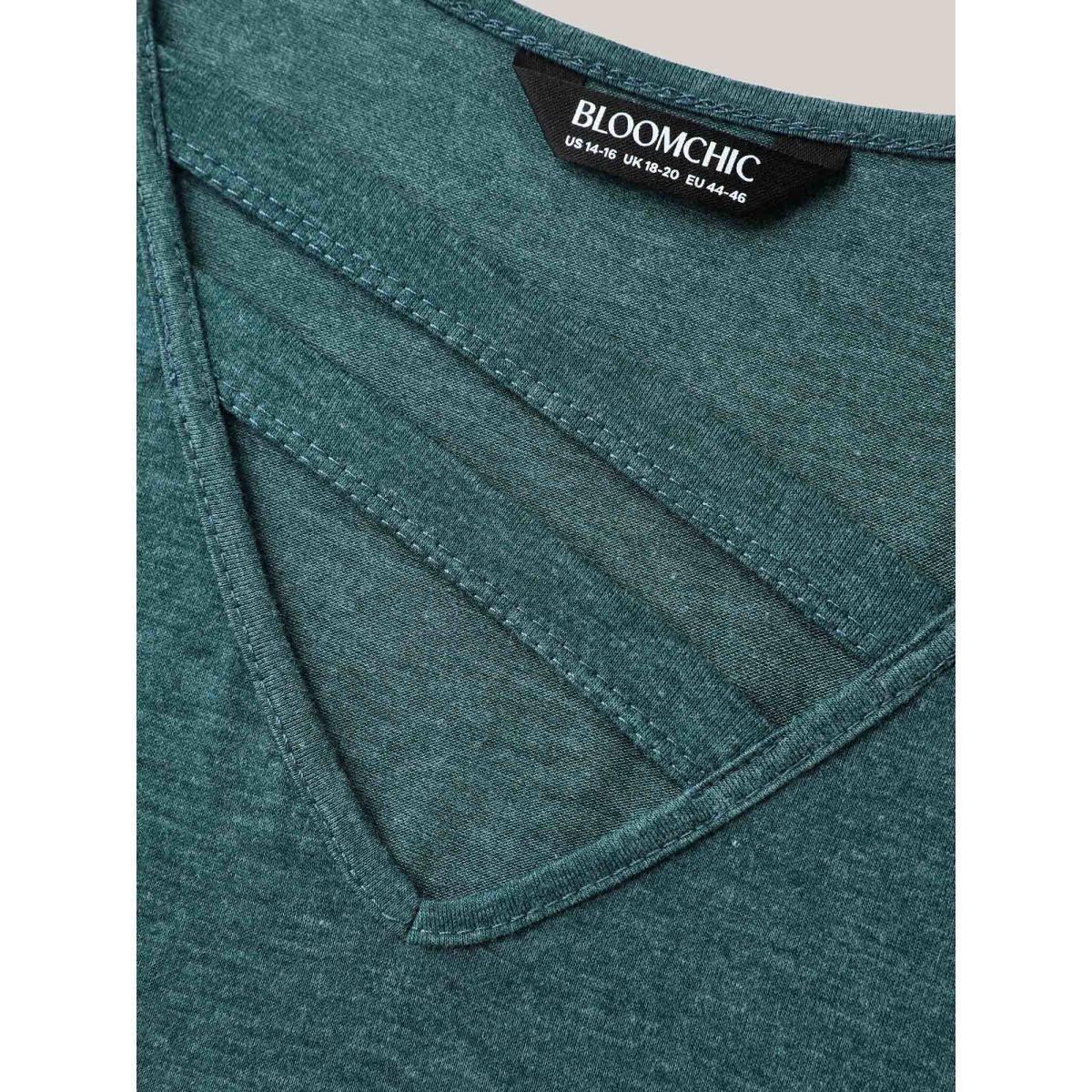 Plus Size Heather Stretchy Neck Cut-Out T-Shirt DarkGreen Women Casual Petal edge V-neck Everyday T-shirts BloomChic 28/5X Product Image