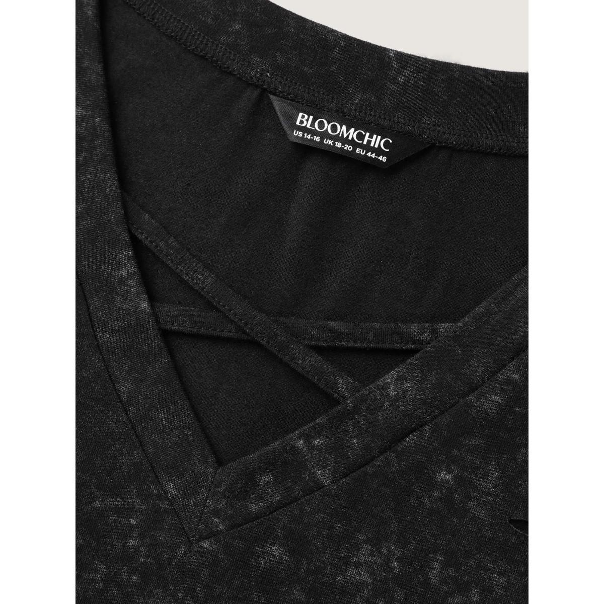 Plus Size Vintage Cut-Out Solid T-Shirt Black Women Distressed V-neck Everyday-Casual T-shirts BloomChic 18-20/2X Product Image