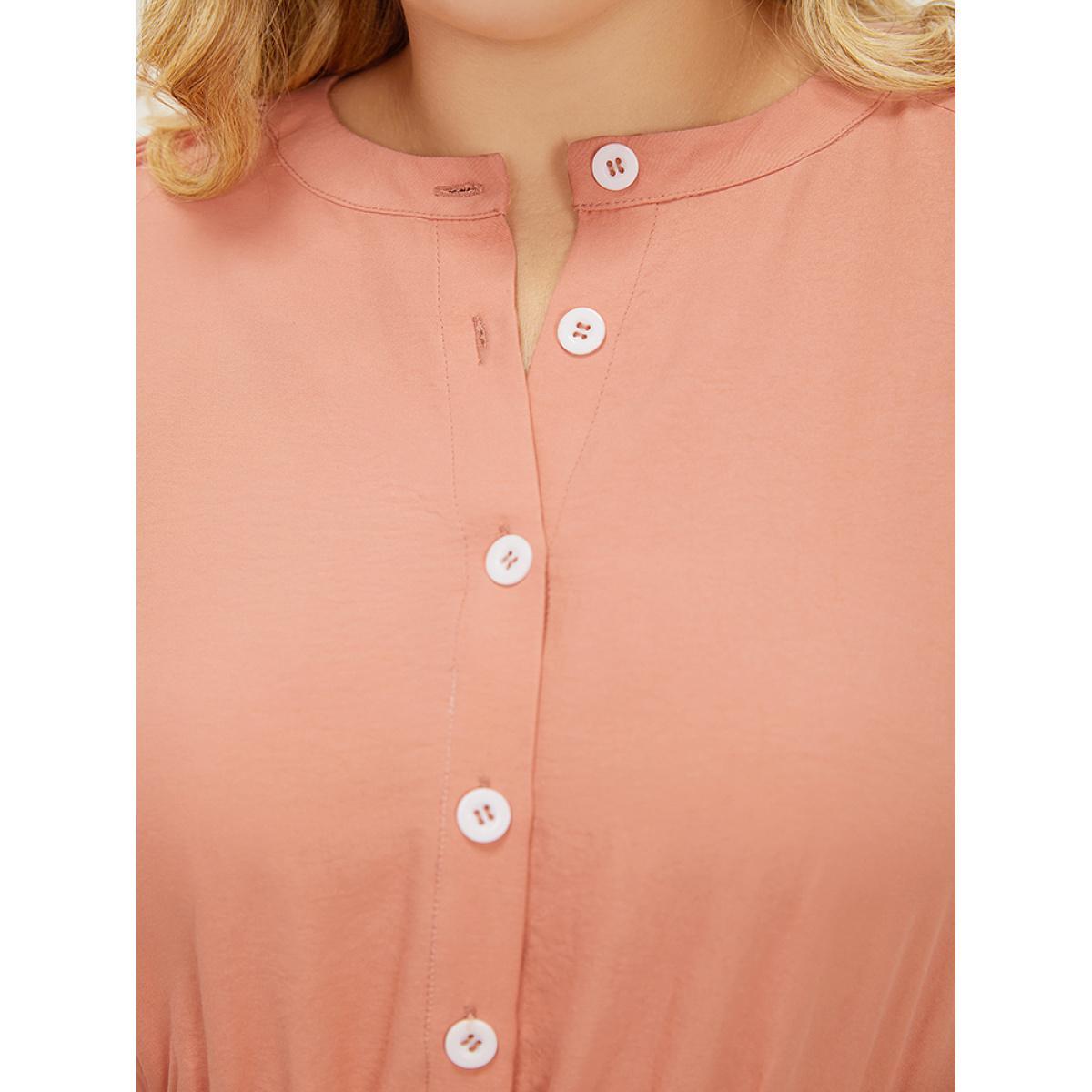Plus Size Plain Ruffles Pocket Button Up Puff Sleeve Pleated Dress Salmon Women Office Pleated Round Neck Short sleeve Curvy Midi Dress BloomChic 26/4X Product Image