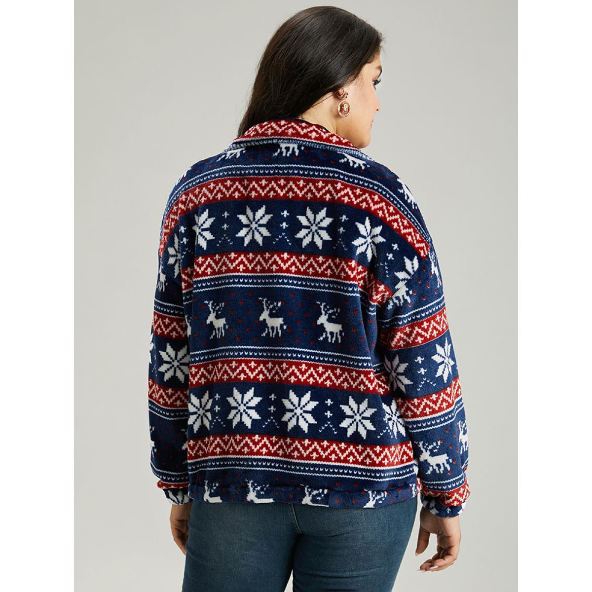 Plus Size Christmas Contrast Zipper Elastic Cuffs Jacket Women Indigo Elastic cuffs Dailywear Jackets BloomChic 10/M Product Image