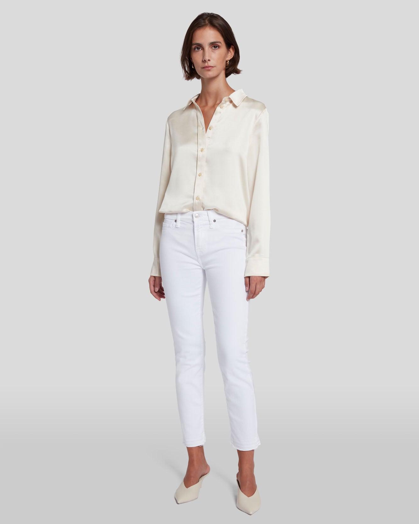 7 For All Mankind Roxanne Mid Rise Raw Hem Ankle Skinny Jeans in White Fashion Product Image