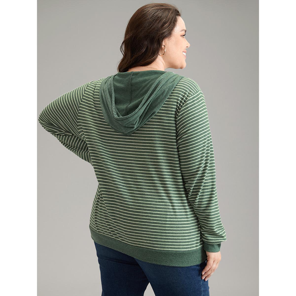Plus Size Striped Hooded Drawstring Button Up Fluffy Sweatshirt Women Green Elegant Button Hooded Dailywear Sweatshirts BloomChic 22-24/3X Product Image