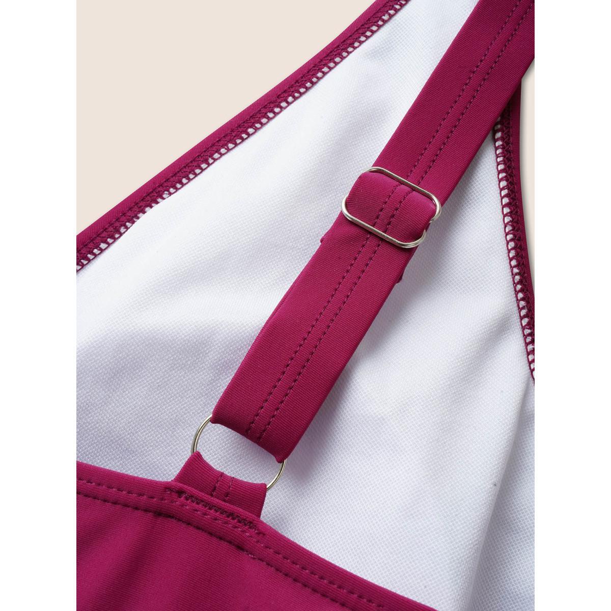 Plus Size Solid Tie Knot Pocket Ruffles Swim Dress Women's Swimwear RedViolet Beach Bodycon Overlap Collar High stretch Curve Swim Dresses BloomChic 12/L Product Image