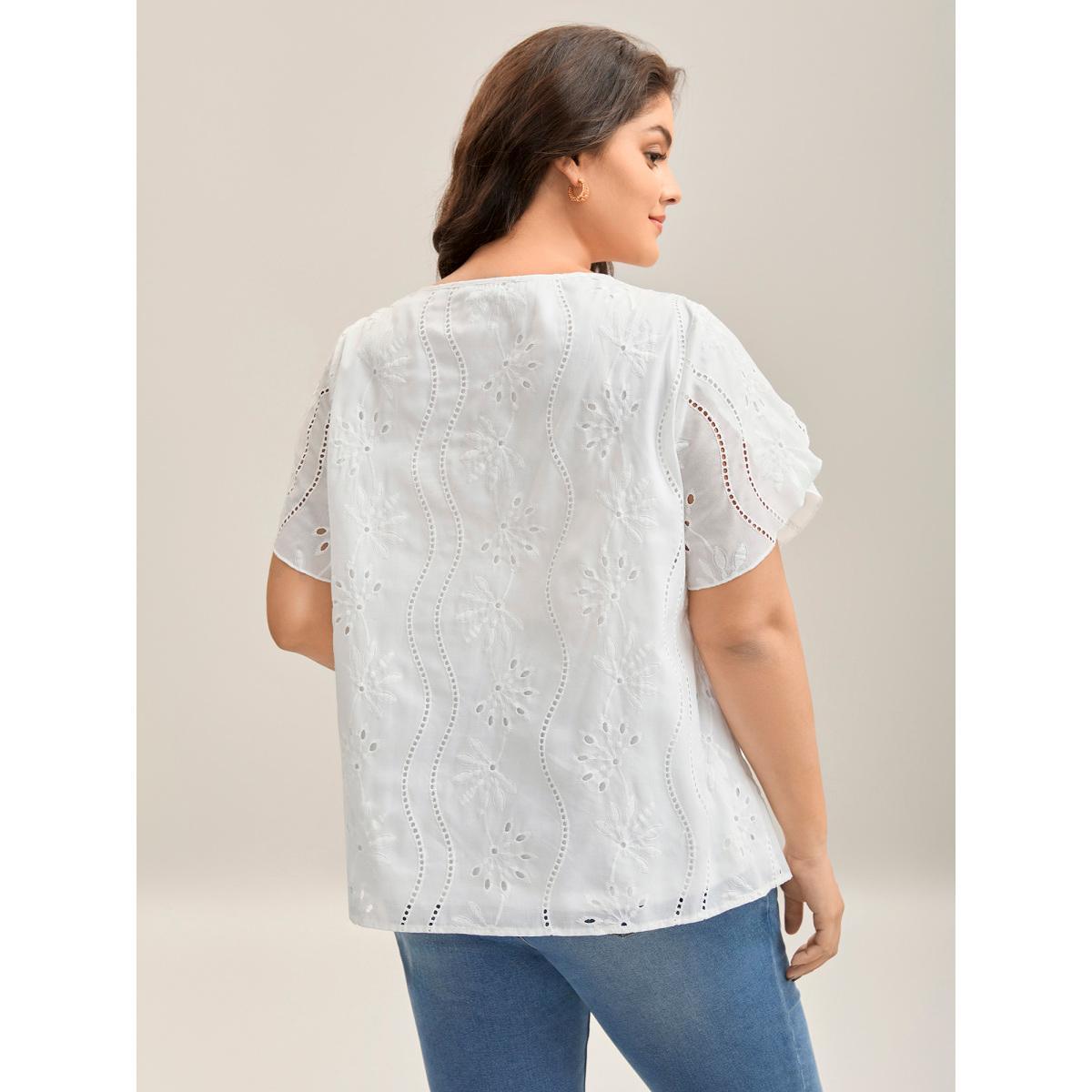 Plus Size WhiteSmoke Embroidered Eyelet Trim Pleated Shirt Women Short sleeve Round Neck Everyday-Elegant Blouses BloomChic 22-24/3X Product Image
