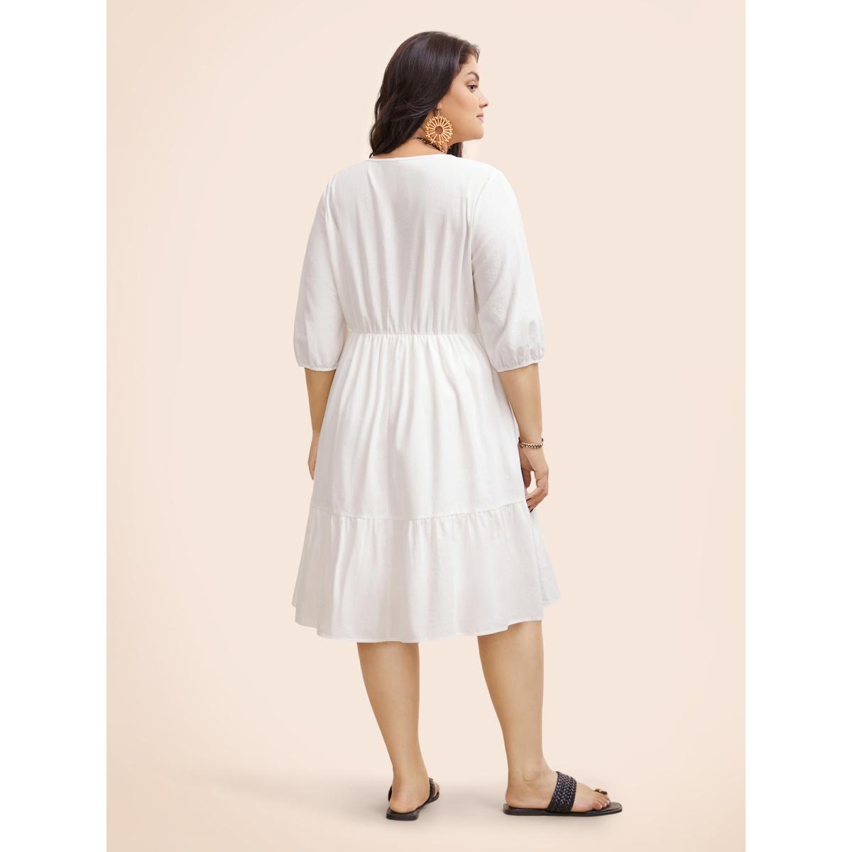 Plus Size Boho Embroidered Elastic Waist Lantern Sleeve Dress Beige Women Resort Embroidered V-neck Elbow-length sleeve Curvy BloomChic 18-20/2X Product Image