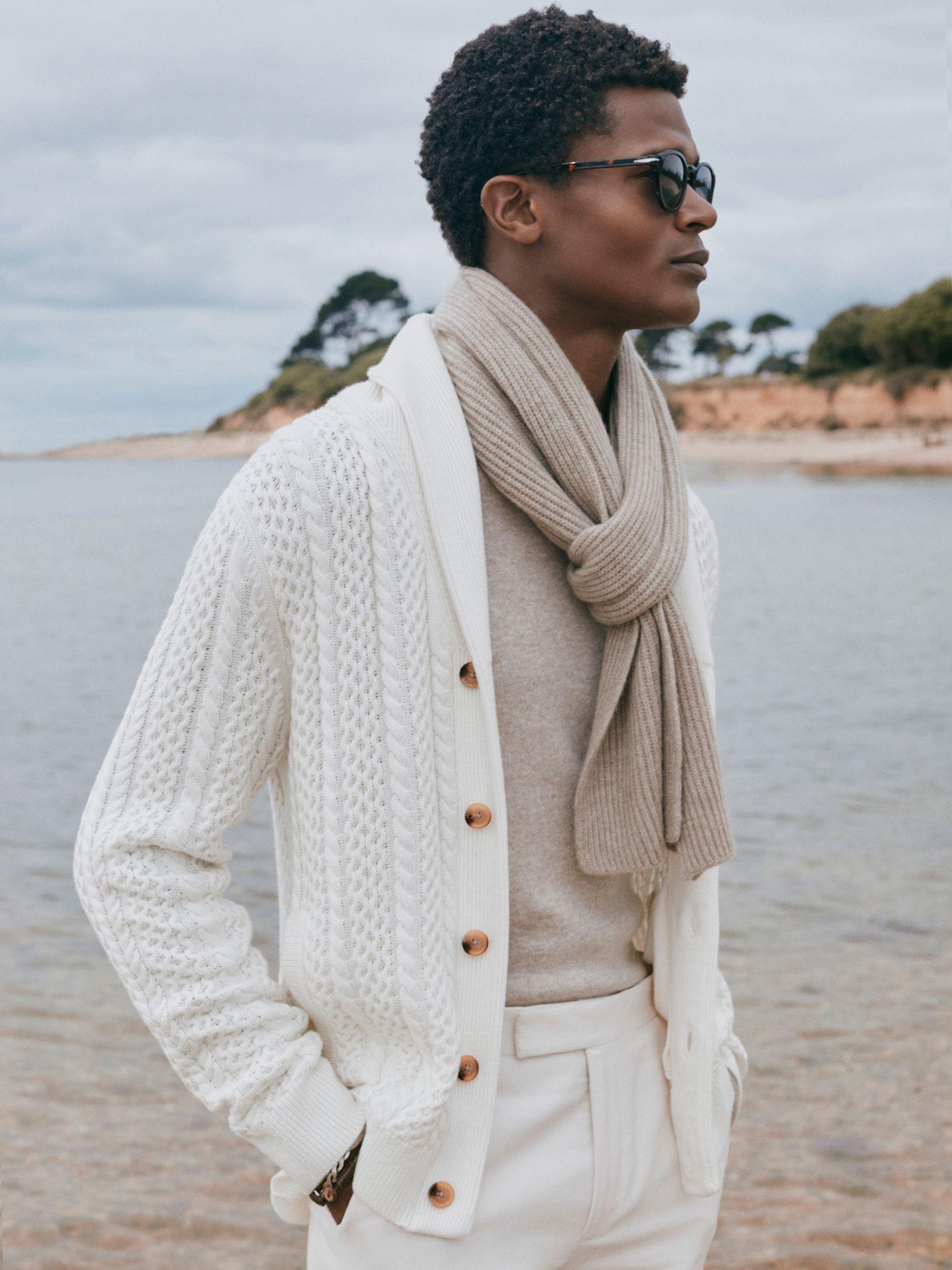 Cotton Blend Cable Knit Cardigan in Ecru Product Image