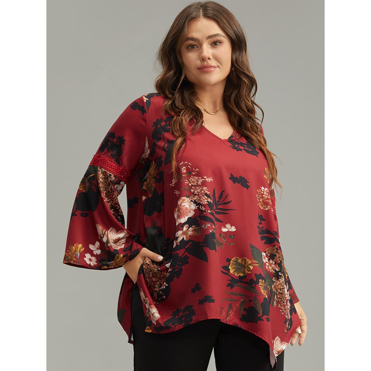 Plus Size Scarlet Floral Lace Panel V Neck Hanky Hem Blouse Women Elegant Long Sleeve V-neck Dailywear Blouses BloomChic 14-16/1X Product Image