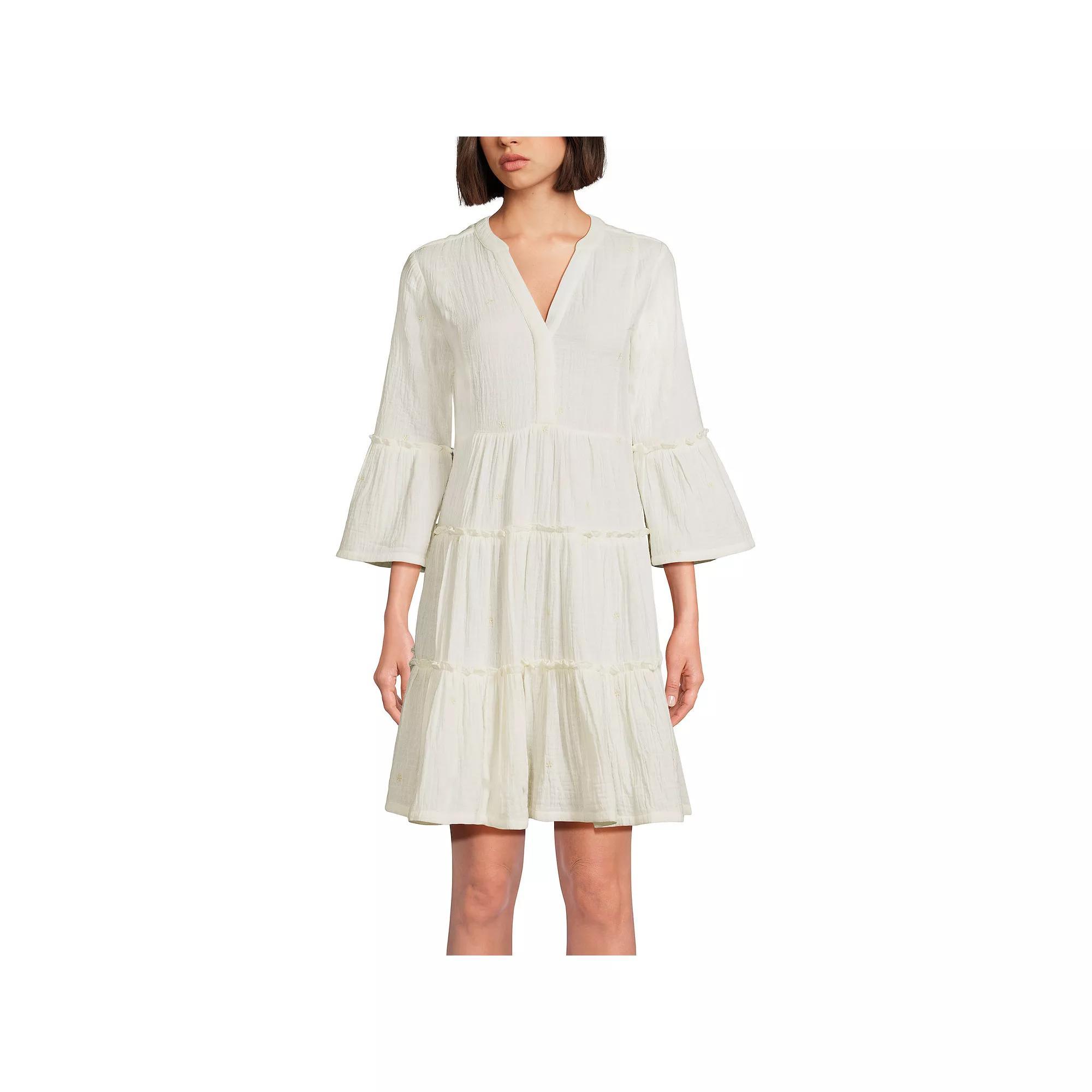 Women's Lands' End Crinkly Gauze Tiered V-Neck Bell Sleeve Mini Dress, Size: XL, Ivory Product Image