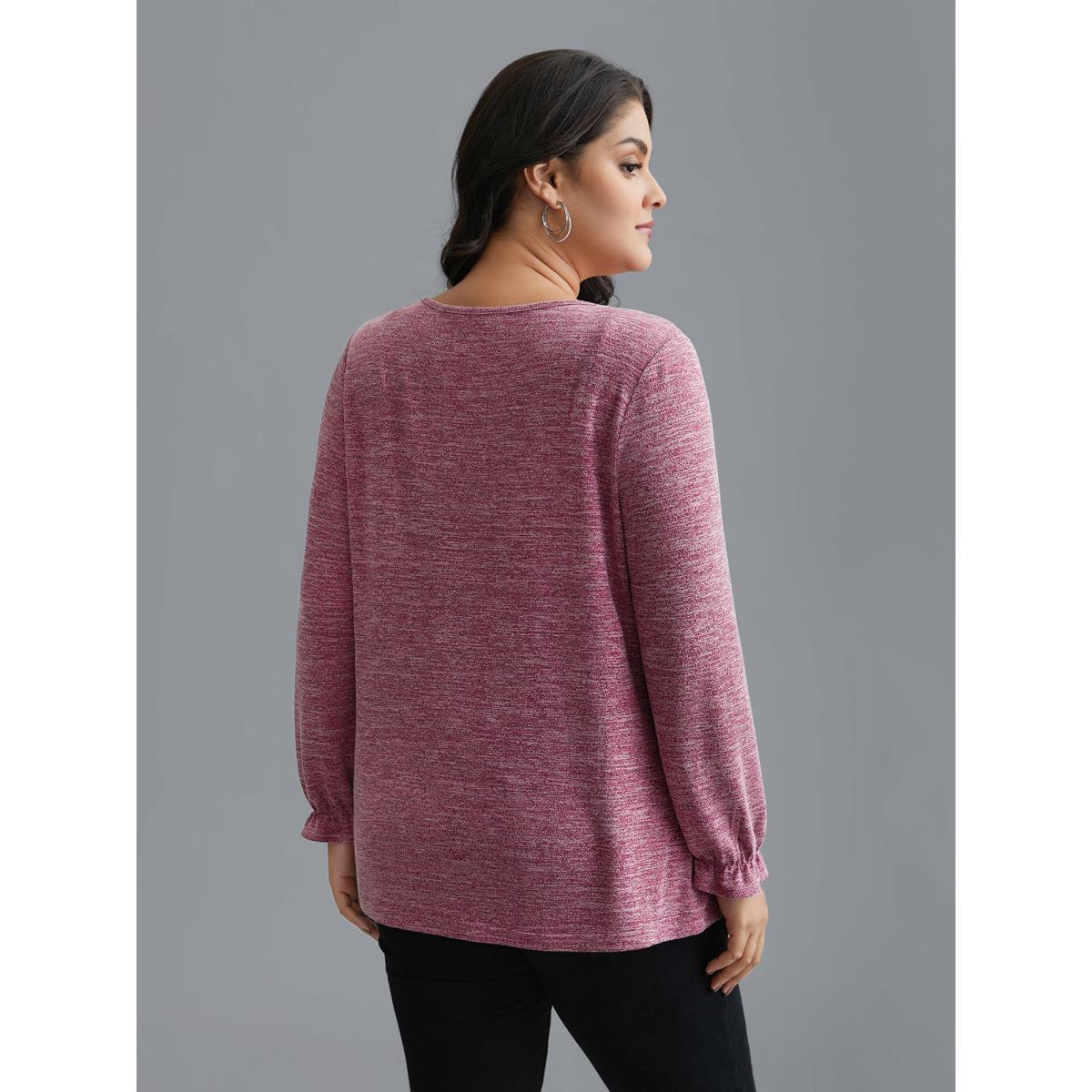 Plus Size Round Neck Heather Pleated T-shirt Rosered Women Elegant Pleated Round Neck Loose Everyday T-shirts BloomChic 28/5X Product Image