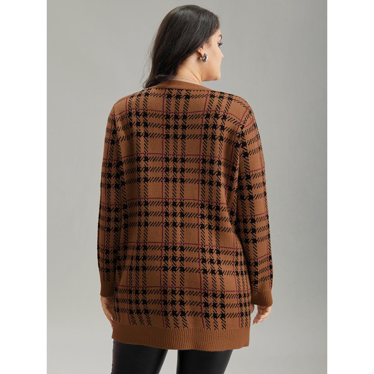 Plus Size Plaid & Houndstooth Print Patched Pocket Cardigan DarkBrown Women Casual Loose Long Sleeve Dailywear Cardigans BloomChic 10/M Product Image