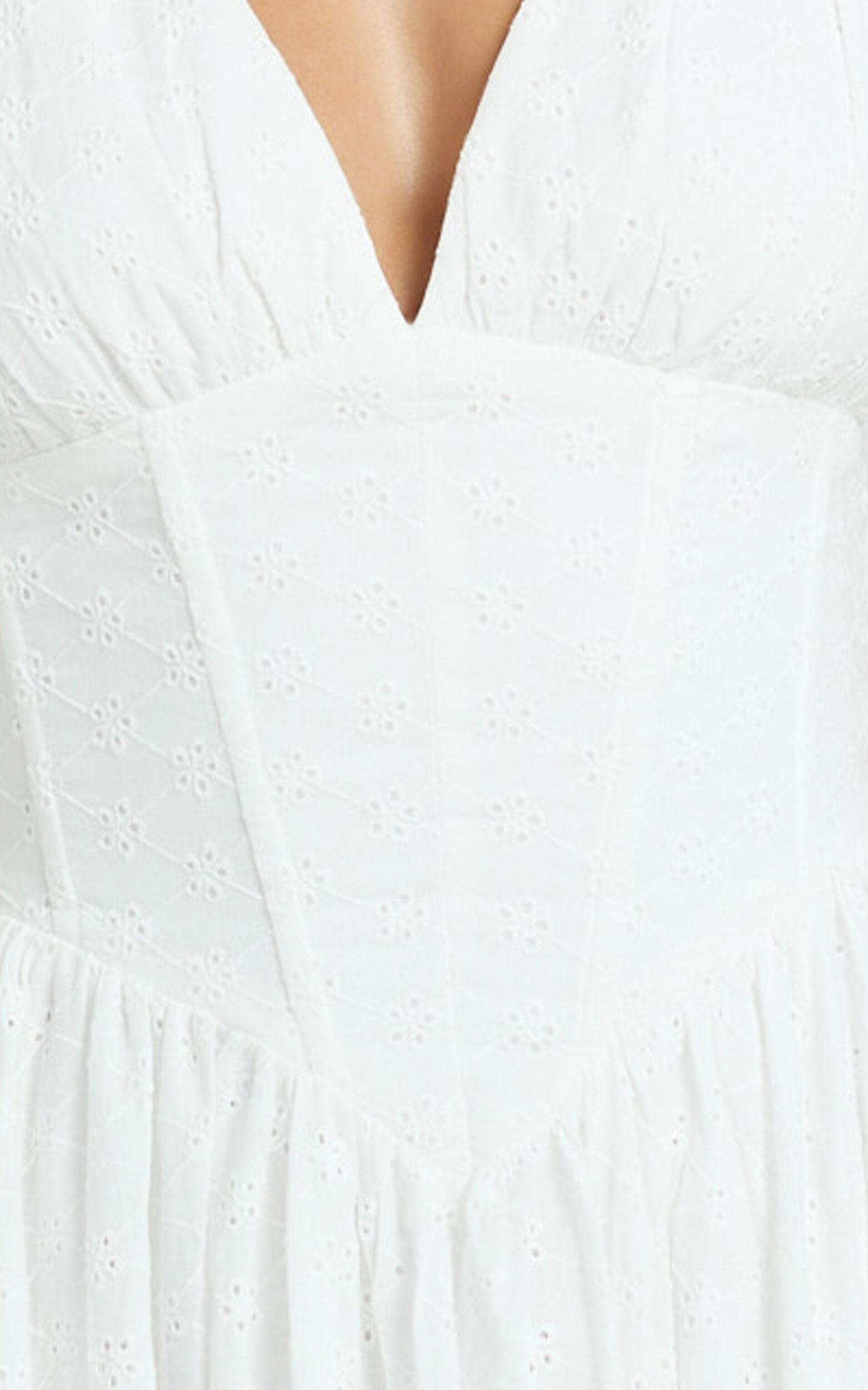 Lainey Midi Dress - Embroidered V Neck Corset Drop Waist Fit And Flare Dress in White Product Image