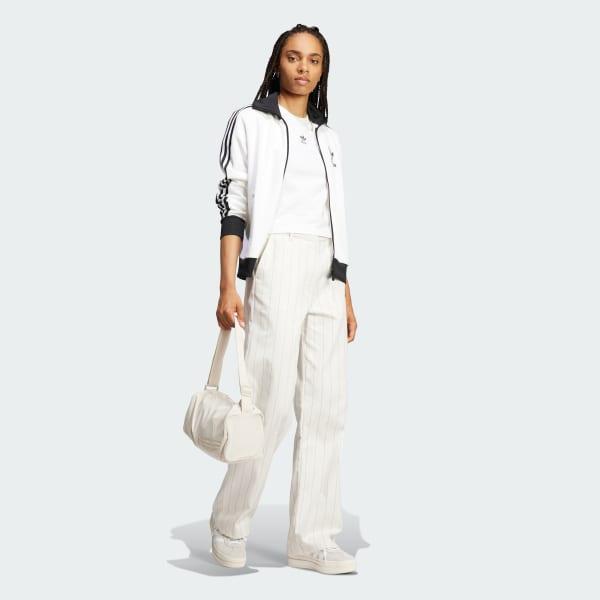 adidas Pinstripe Twill Loose Pants Off White 2 Womens Product Image