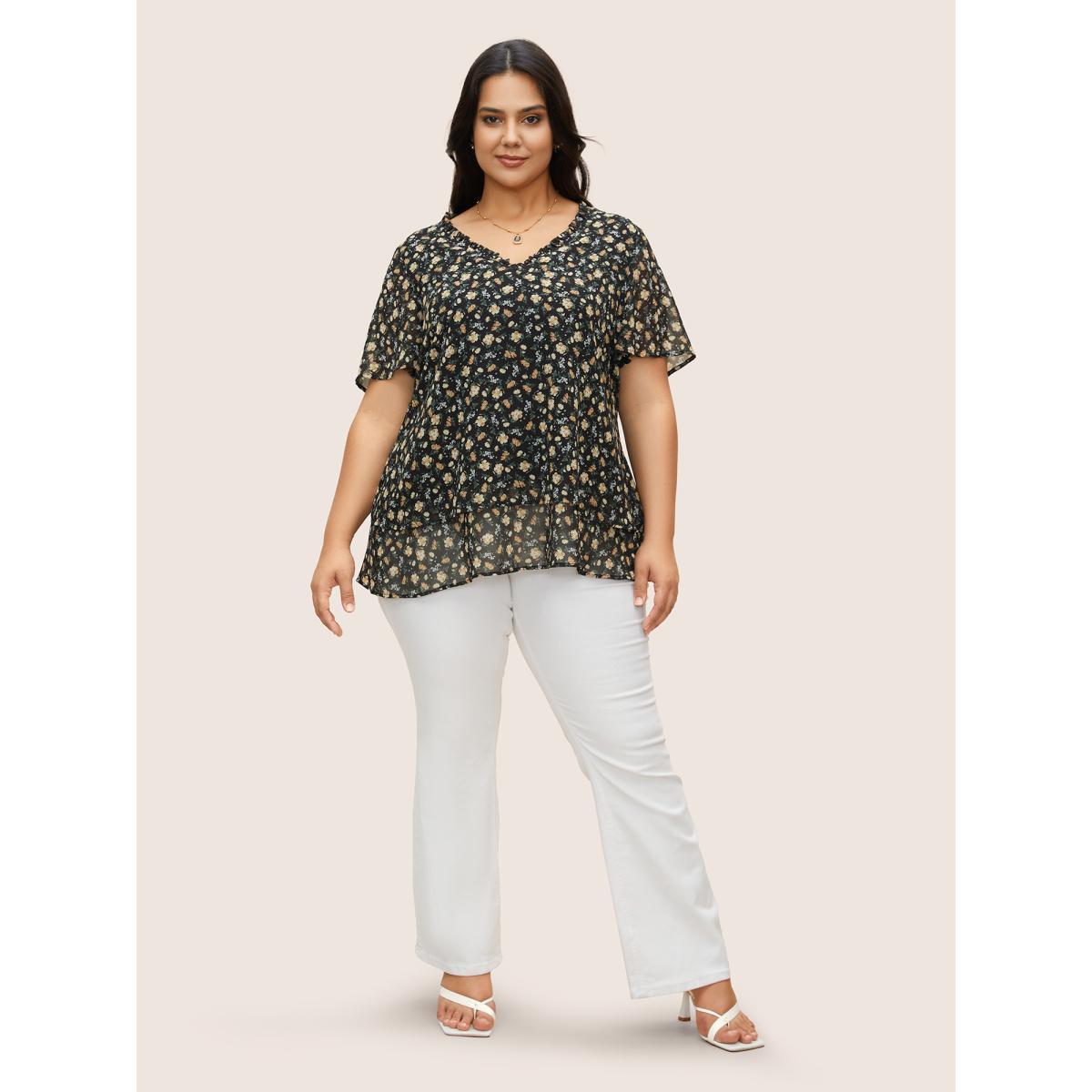 Plus Size BlackFlower Ditsy Floral Flutter Sleeve See Through Blouse Women Elegant Short sleeve V-neck Everyday Blouses BloomChic 26/4X Product Image