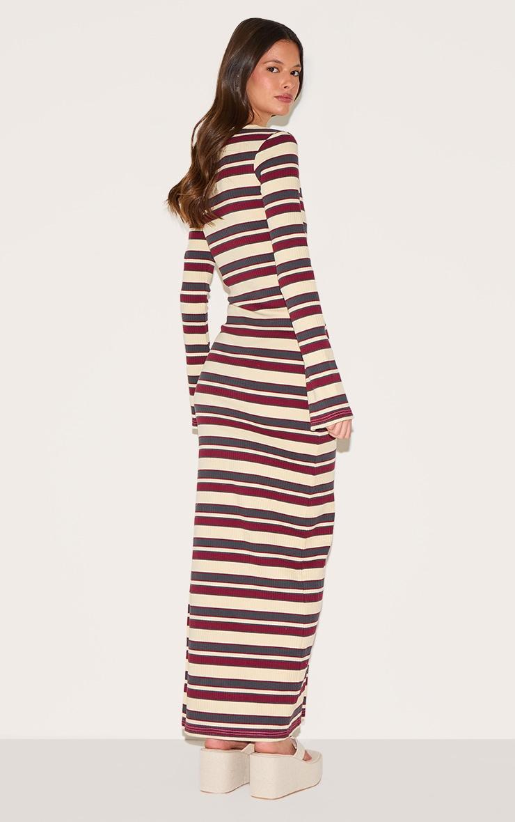 Burgundy Striped Boat Neck Long Sleeve Bodycon Dress Product Image