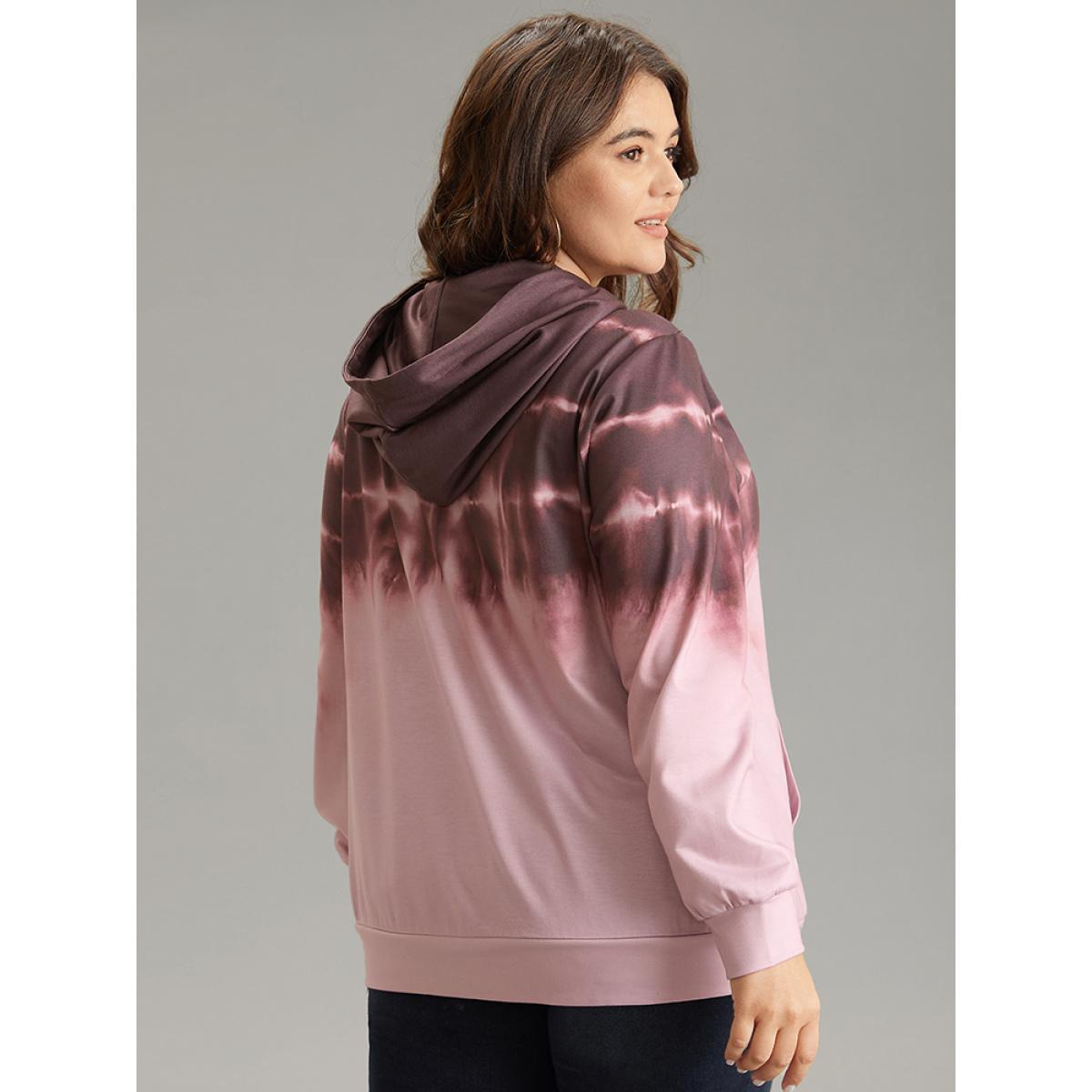 Plus Size Tie Dye Kangaroo Pocket Hooded Drawstring Sweatshirt Women Maroon Casual Tie Dye Hooded Dailywear Sweatshirts BloomChic 12/L Product Image
