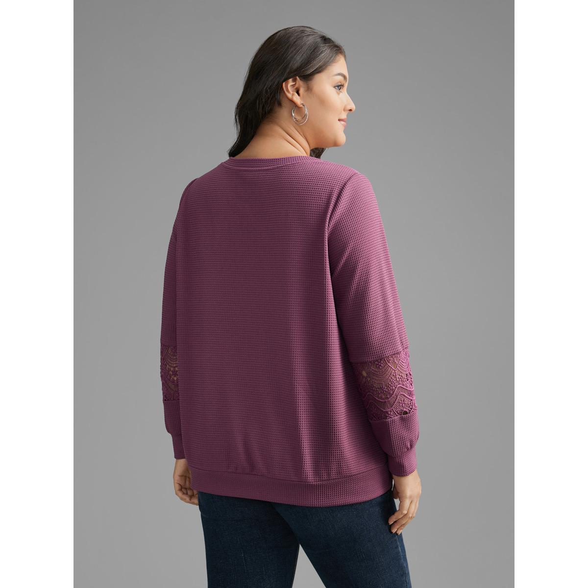 Plus Size V Neck Textured Lace Patchwork Sweatshirt Women Deeppurplered Casual Texture V-neck Everyday Sweatshirts BloomChic 28/5X Product Image