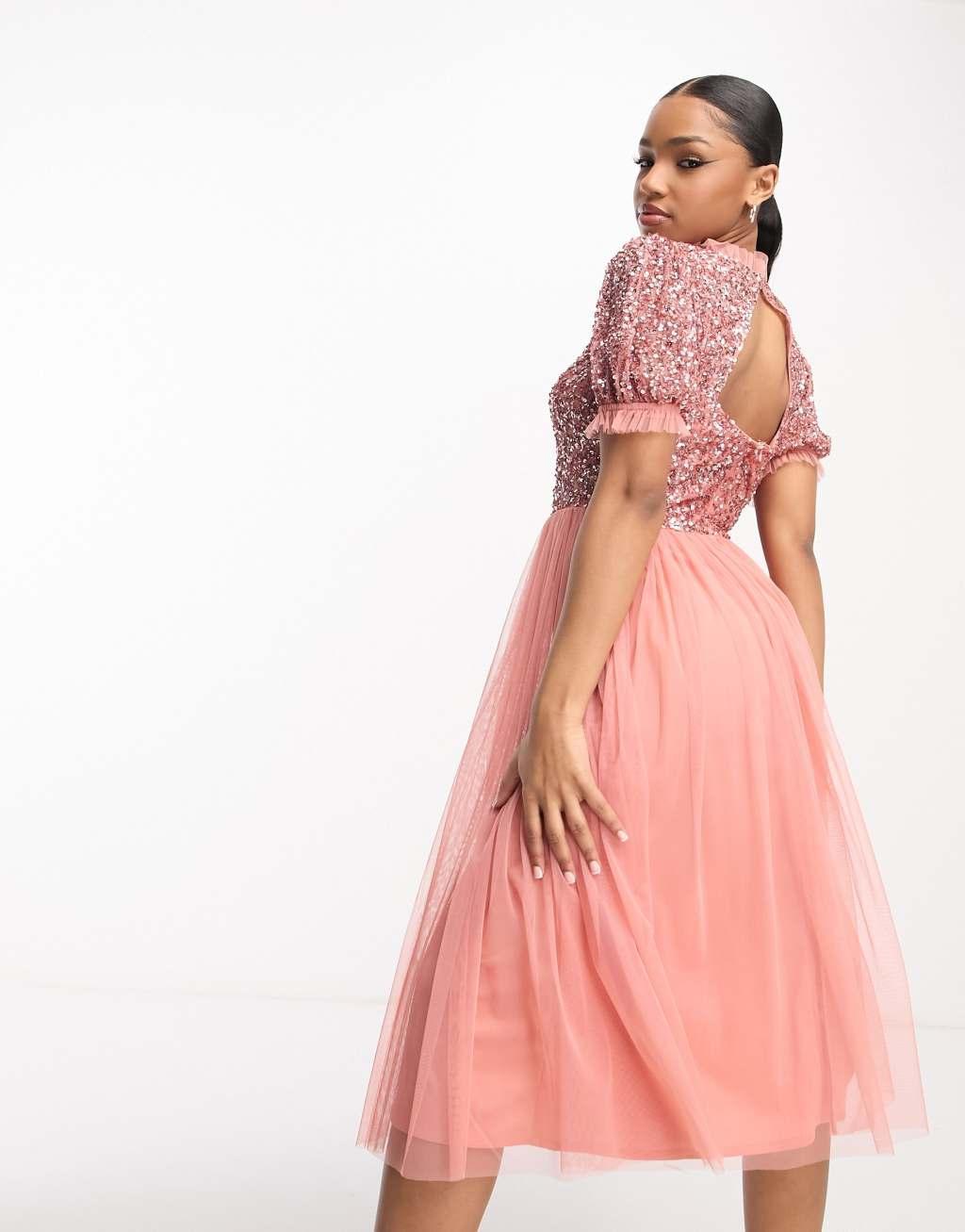 Maya Bridesmaid delicate sequin puff sleeve midi dress Product Image