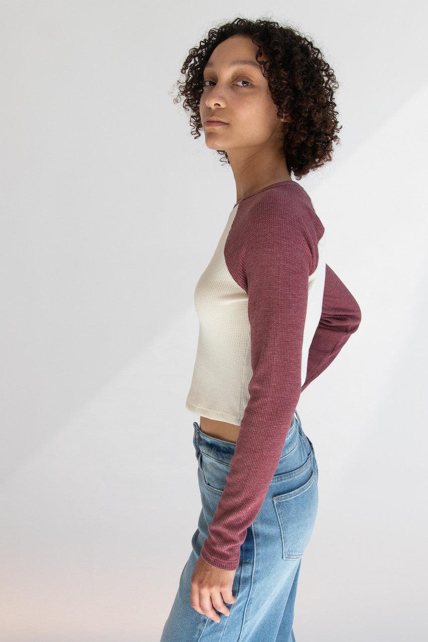 Cherry Waffle Weave Long Sleeve Baseball Tee Product Image