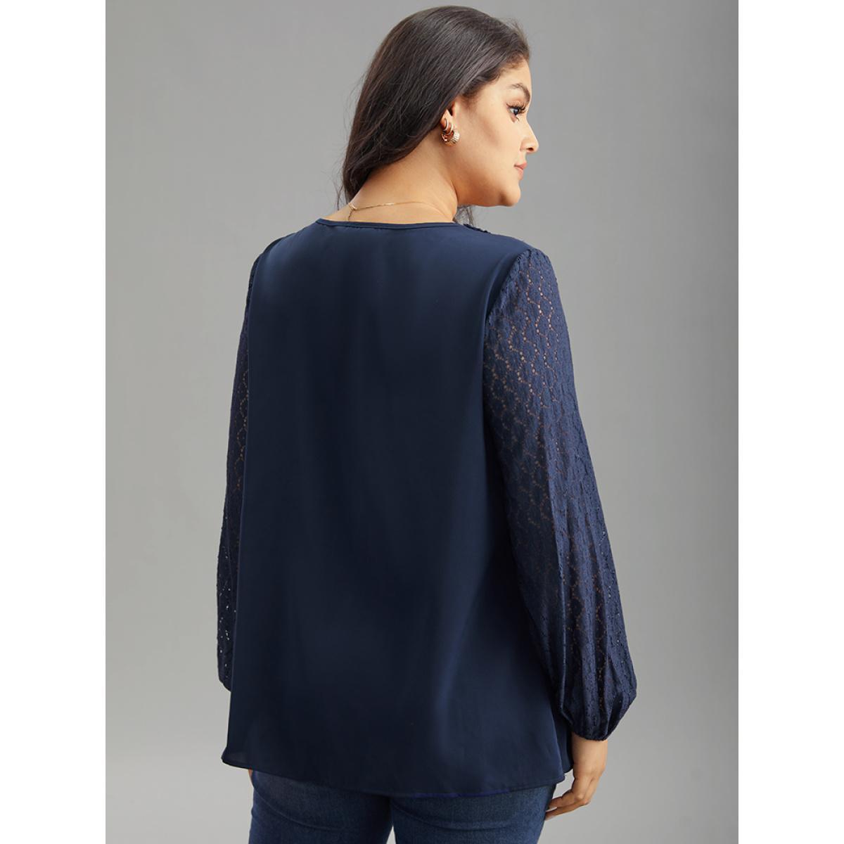Plus Size Indigo V Neck Guipure Lace Lantern Sleeve Blouse Women Office Long Sleeve V-neck Work Blouses BloomChic 30/6X Product Image