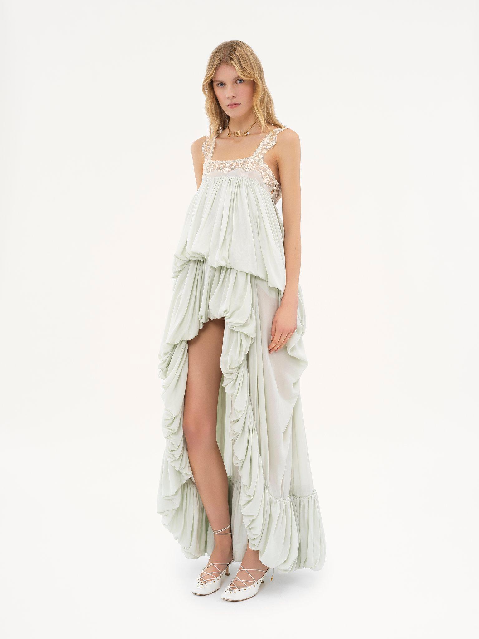 High-low ruffled dress in silk habotai & lace Product Image