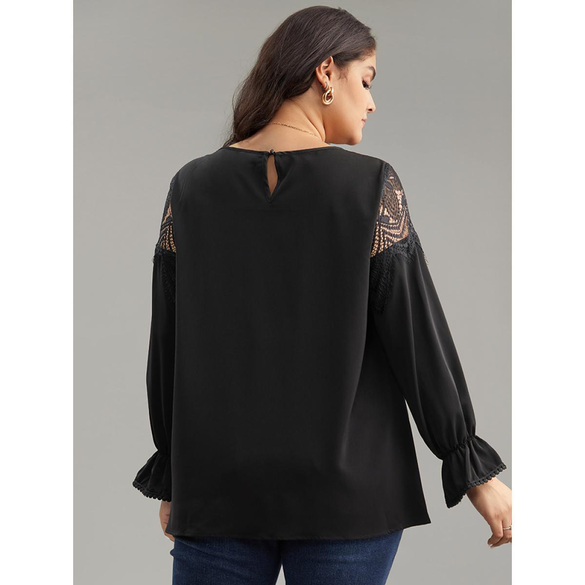 Plus Size Black Anti-Wrinkle Solid Lace Panel Lantern Sleeve Blouse Women Elegant Long Sleeve Round Neck Dailywear Blouses BloomChic 12/L Product Image