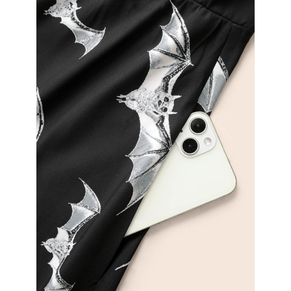 Plus Size Neck Drawstring Bat Print Midi Dress Black Women Cocktail Tie knot Party Curvy Bloomchic 10/M Product Image