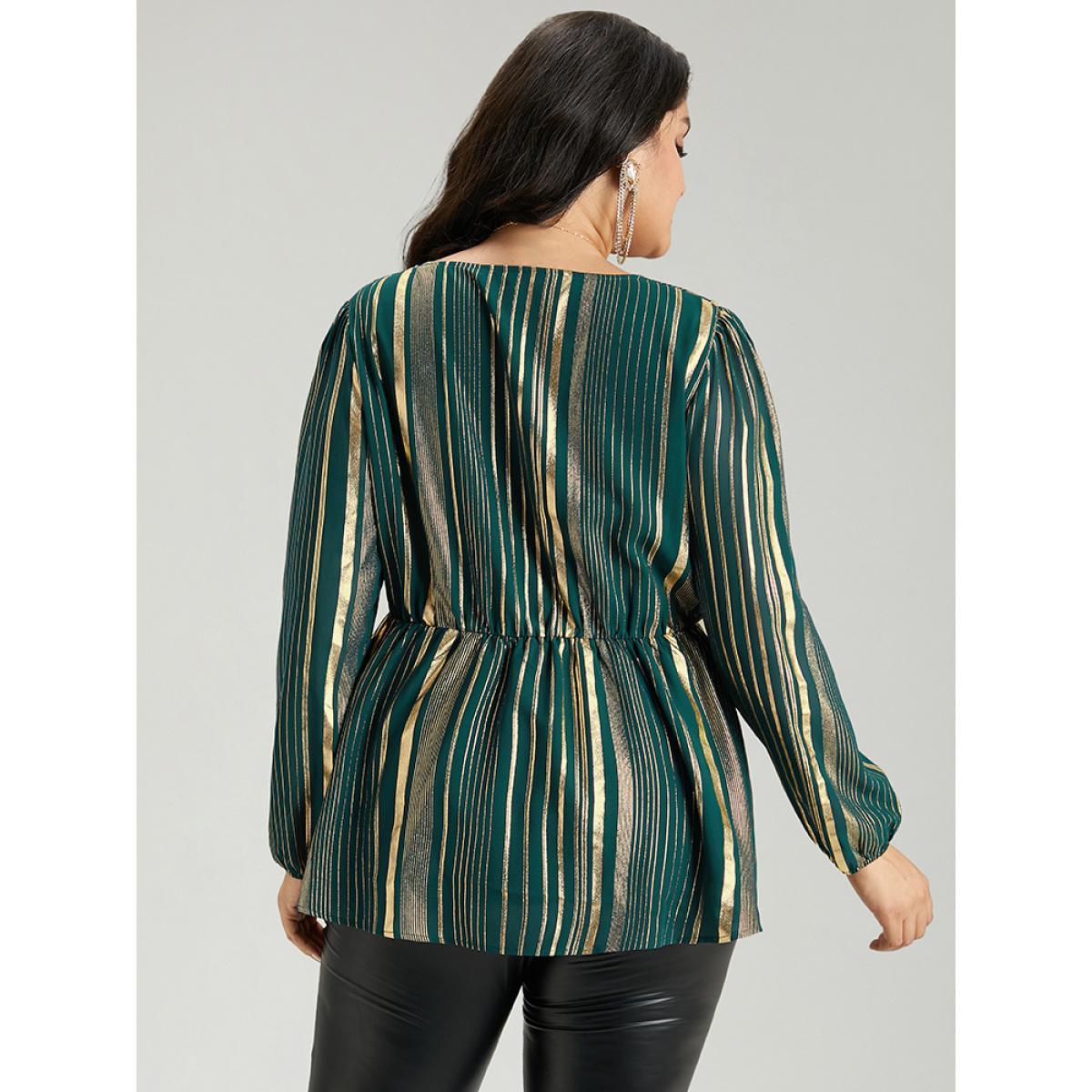 Plus Size ArmyGreen Glitter Striped Surplice Neck Blouse Women Glamour Long Sleeve V-neck Festival-Christmas Blouses BloomChic 28/5X Product Image