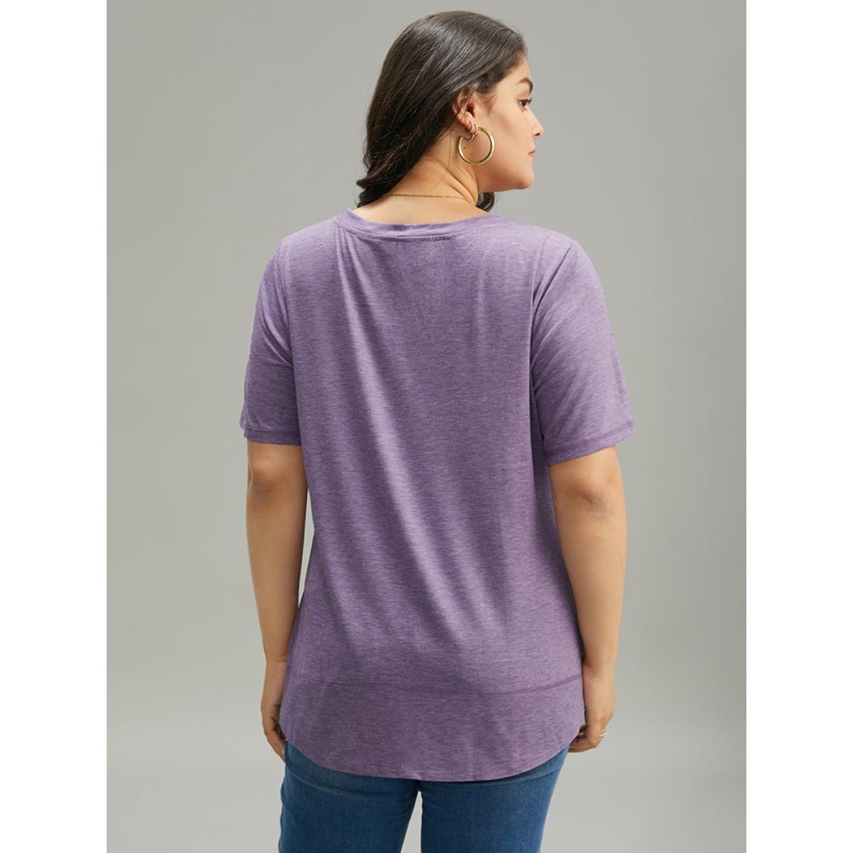 Plus Size Contrast Stitch Round Neck Curved Hem T-shirt Purple Women Casual Plain Plain Round Neck Dailywear T-shirts BloomChic 22-24/3X Product Image
