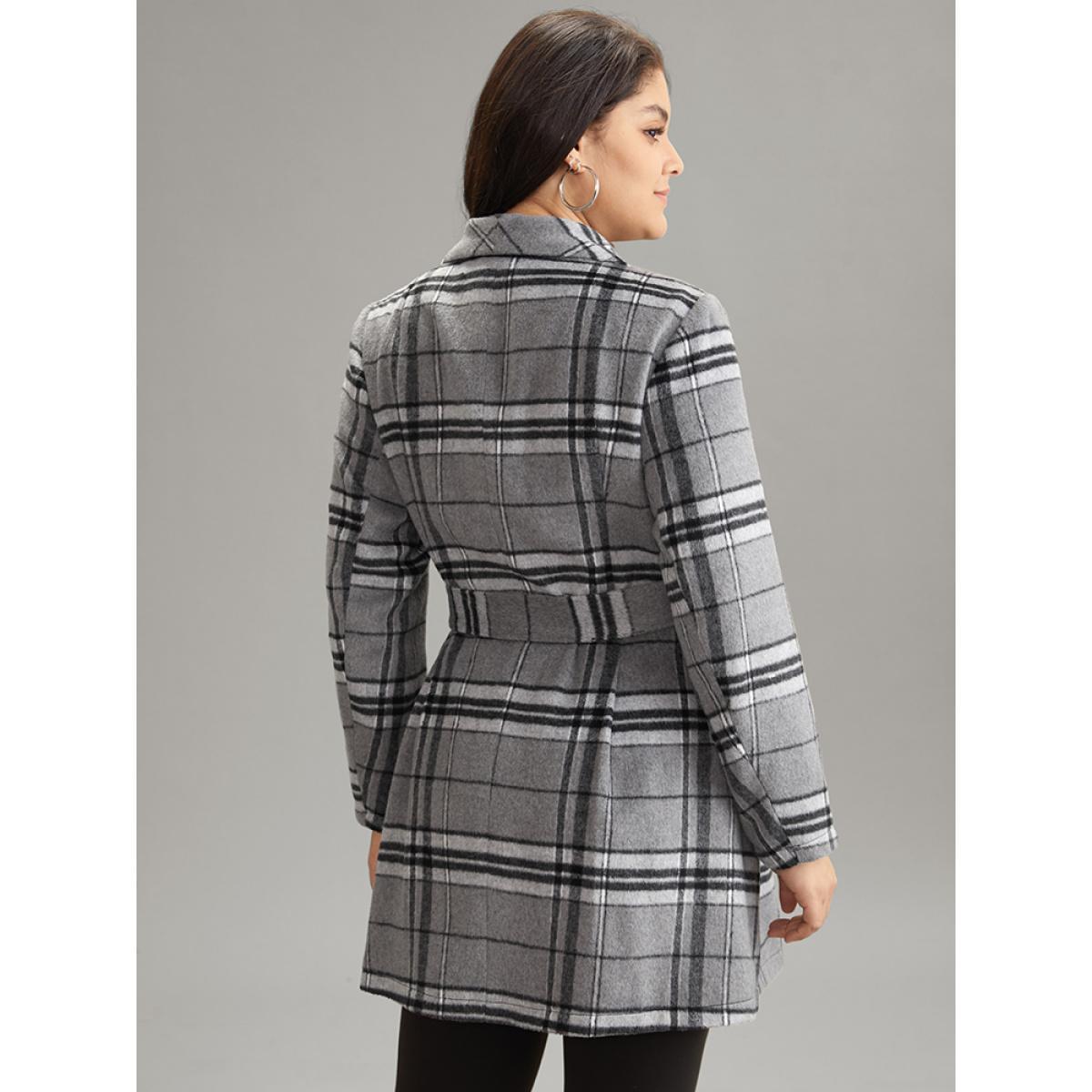 Plus Size Plaid Button Up Pocket Belted Lapel Collar Coat Women Black Casual Lined Ladies Dailywear Winter Coats BloomChic 30/6X Product Image