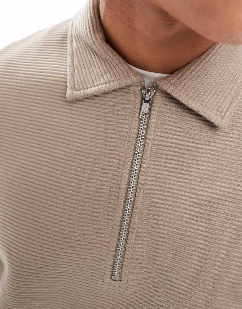 ASOS DESIGN quarter zip rib collar sweatshirt in stone Product Image