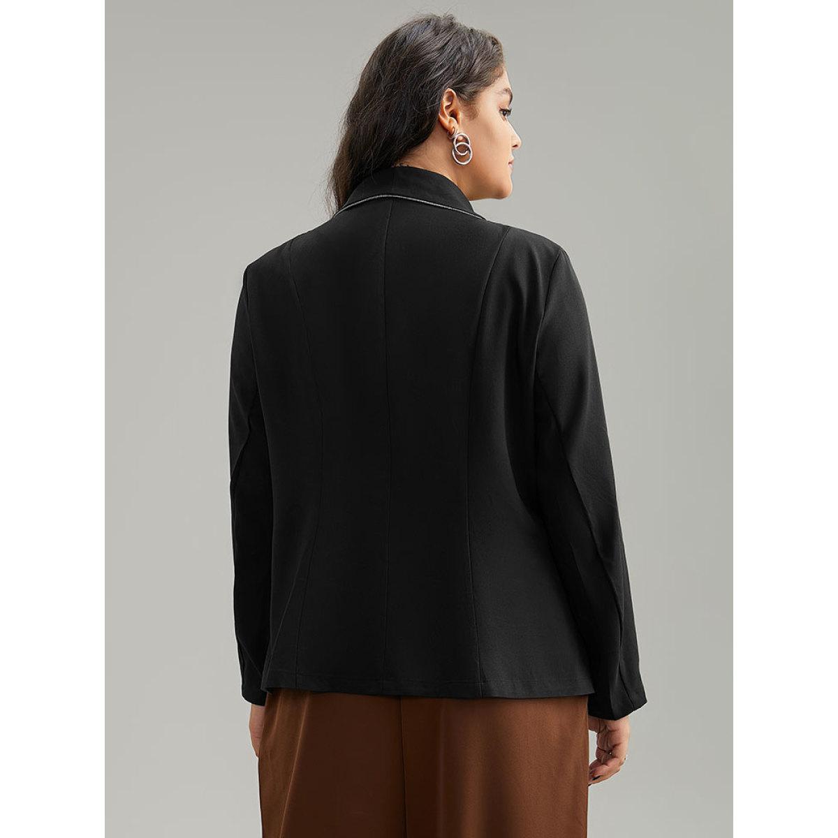 Plus Size Twill Patchwork Contrast Trim Button Up Blazer Black Women Work Plain Contrast Sleeve Long Sleeve Suit Collar 26/4X Office Blazers BloomChic Product Image