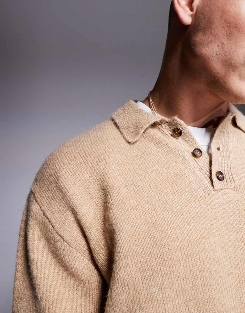 ASOS DESIGN oversized boxy fit knit polo shirt in stone Product Image