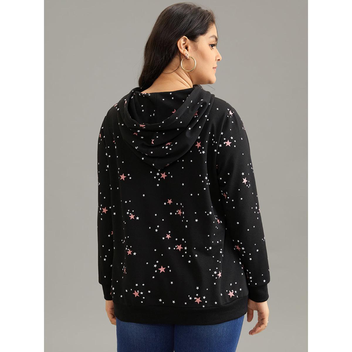Plus Size Star Kangaroo Pocket Hooded Rib Knit Sweatshirt Women Black Casual Rib Knit Hooded Dailywear Sweatshirts BloomChic 28/5X Product Image