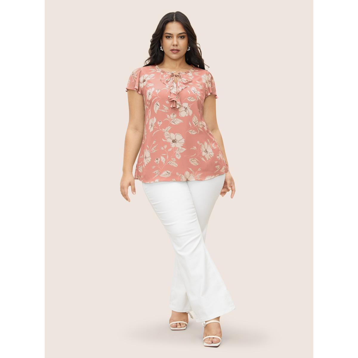 Plus Size Crepe Floral Frill Trim Tie Knot Ruffles Blouse Women Elegant Cap Sleeve Round Neck Everyday Blouses BloomChic 14-16/1X Product Image
