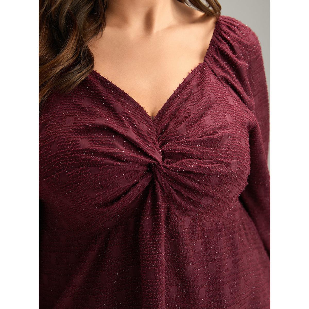 Plus Size DarkGreen Solid Glitter Twist Front Gathered Blouse Women Cocktail Long Sleeve V-neck Party Blouses BloomChic 18-20/2X Product Image