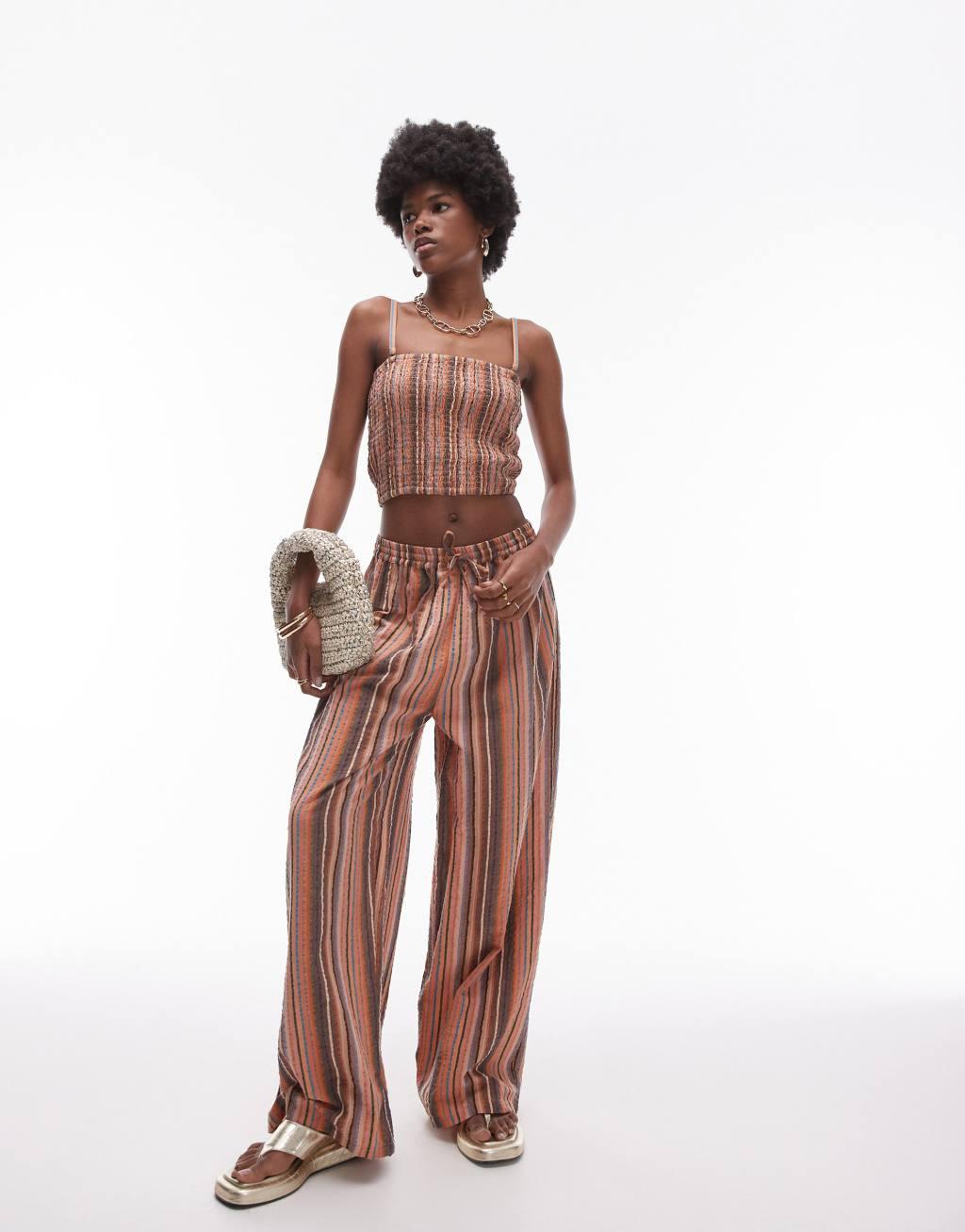 Topshop textured bandeau beach top in brown stripe Product Image
