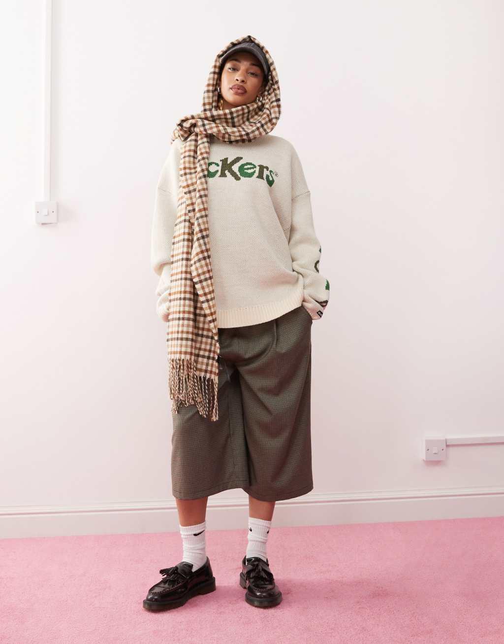 Kickers relaxed knitted sweater with green black 1970 logo in cream Product Image