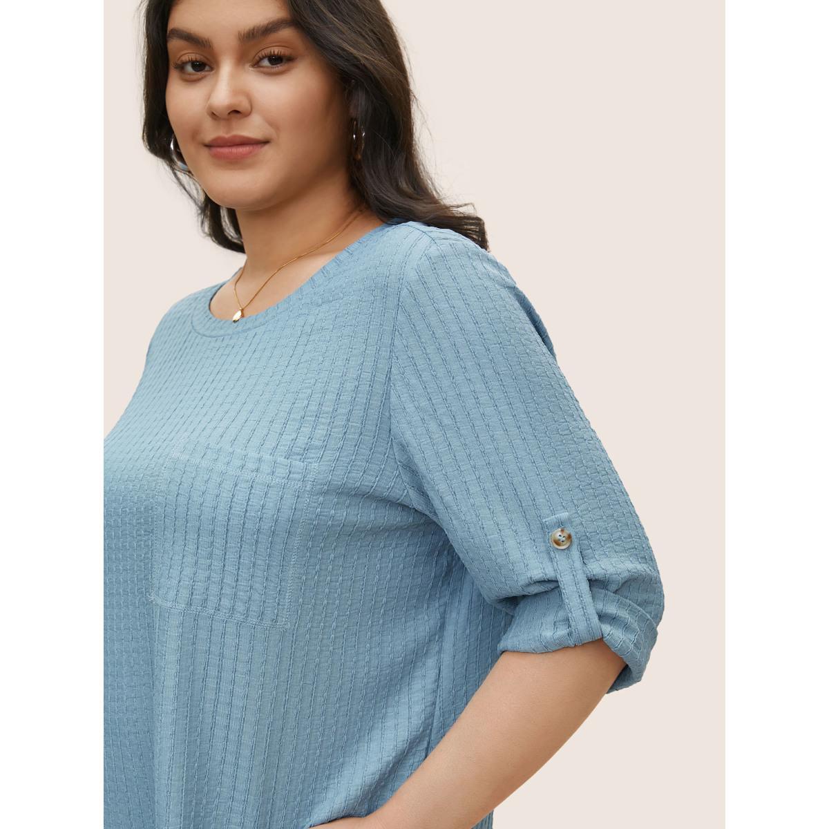 Plus Size Plain Textured Patched Pocket Tab Sleeve T-shirt Stone Women Casual Non Plain Round Neck Everyday T-shirts BloomChic 18-20/2X Product Image