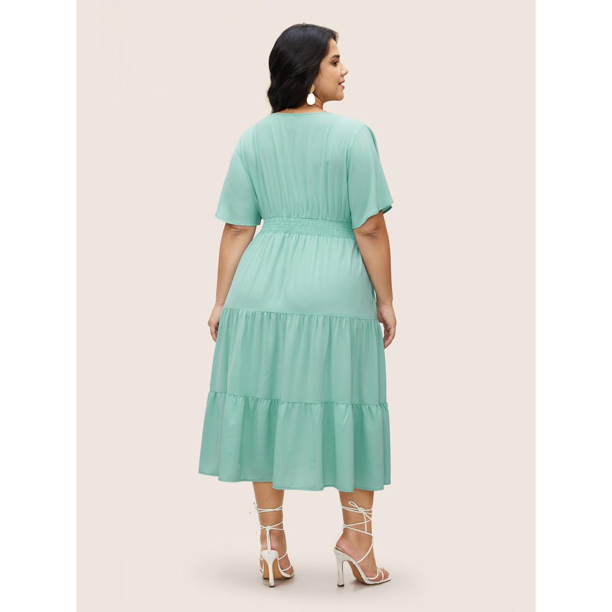 Plus Size V Neck Shirred Ruffle Layered Hem Dress Mint Women Elegant Pleated V-neck Short sleeve Curvy BloomChic 14-16/1X Product Image