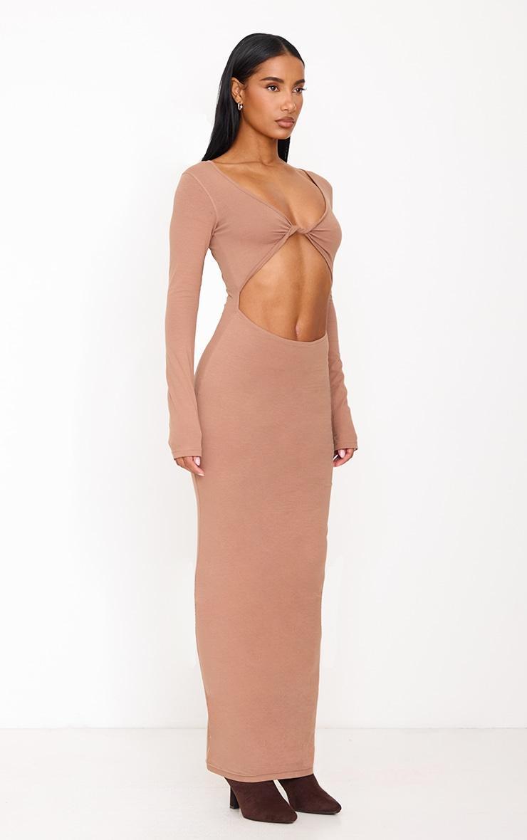 Taupe Cotton Twist Cut Out Long Sleeve Midaxi Dress Product Image