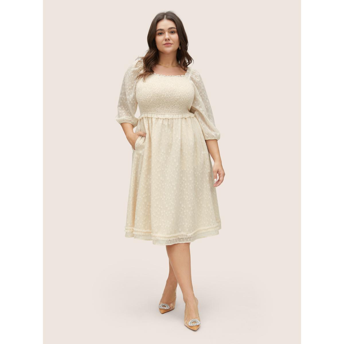 Plus Size Chiffon Shirred Mesh Frill Trim Pocket Dress Apricot Women Elegant Elastic cuffs Square Neck Long Sleeve Curvy Knee Dress BloomChic 14-16/1X Product Image