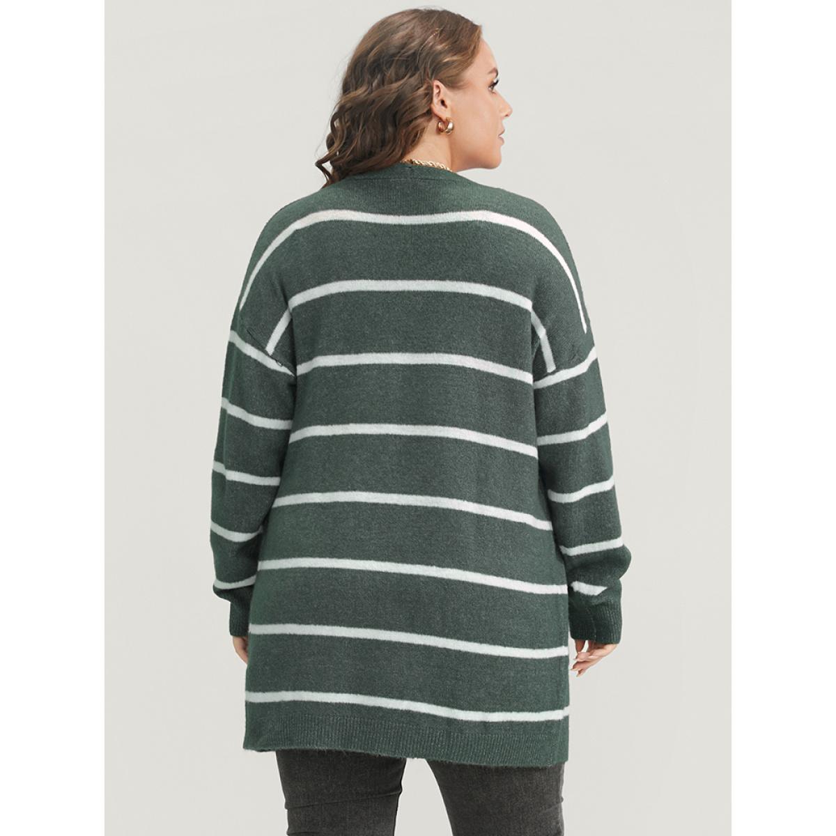 Plus Size Striped Contrast Super Soft Plush Knit Pocket Button Front Cardigan DarkGreen Women Casual Loose Long Sleeve Dailywear Cardigans BloomChic 18-20/2X Product Image