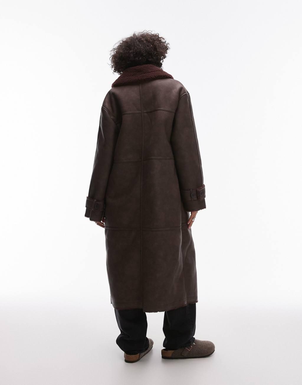 Topshop faux leather shearling long aviator jacket in burgundy Product Image