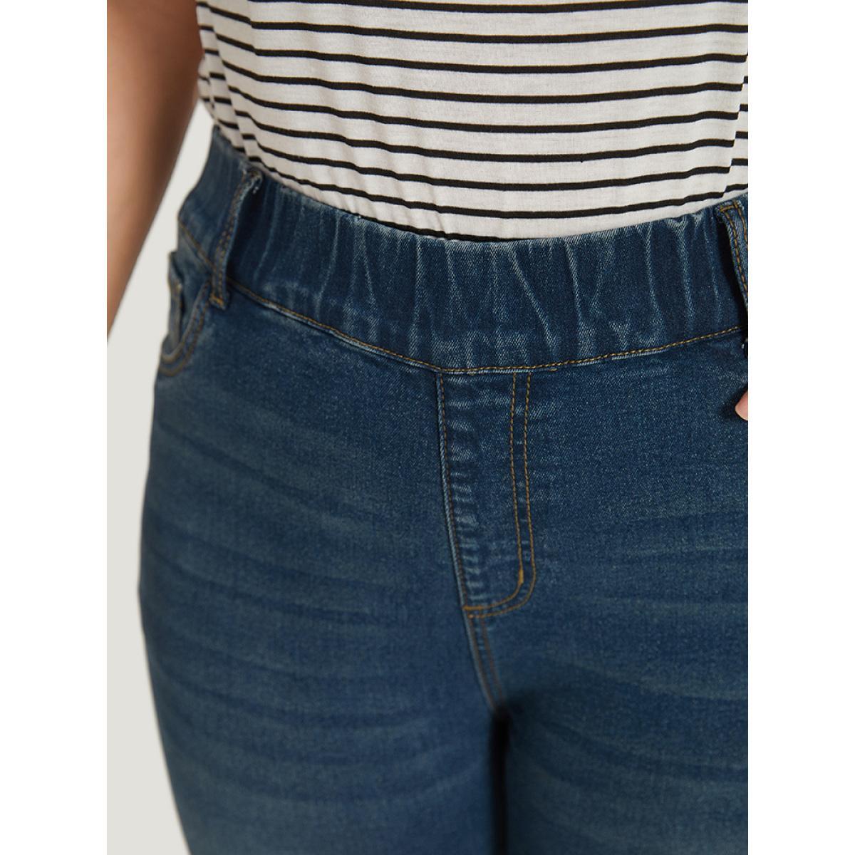 Plus Size Plain Elastic Waist Medium Wash Roll Hem Jeans Women Indigo Casual Plain Plain High stretch Pocket Jeans BloomChic 24/3X Product Image