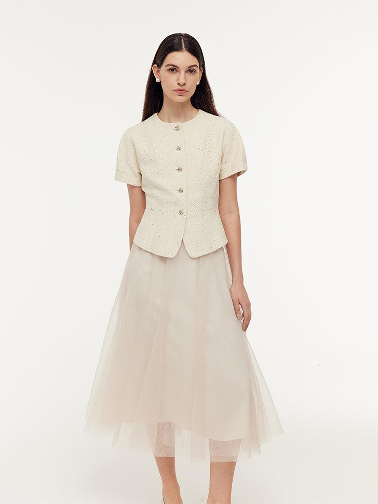 Tweed Sequins Short Sleeve Jacket And Mesh Skirt Two-Piece Set Product Image