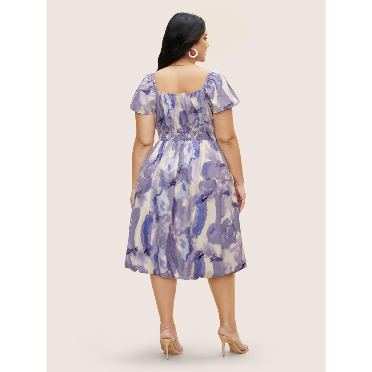 Plus Size Watercolor Floral Bubble Hem Pockets Dress DarkViolet Women Elegant Gathered Heart neckline Cap Sleeve Curvy BloomChic 14-16/1X Product Image