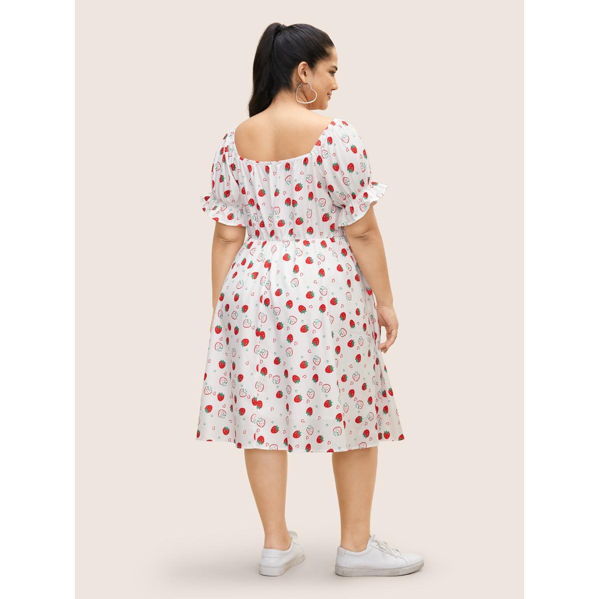 Plus Size Strawberry Print Puff Sleeve Elastic Waist Dress WhiteSmoke Women Casual Ruffles V-neck Short sleeve Curvy BloomChic 26/4X Product Image