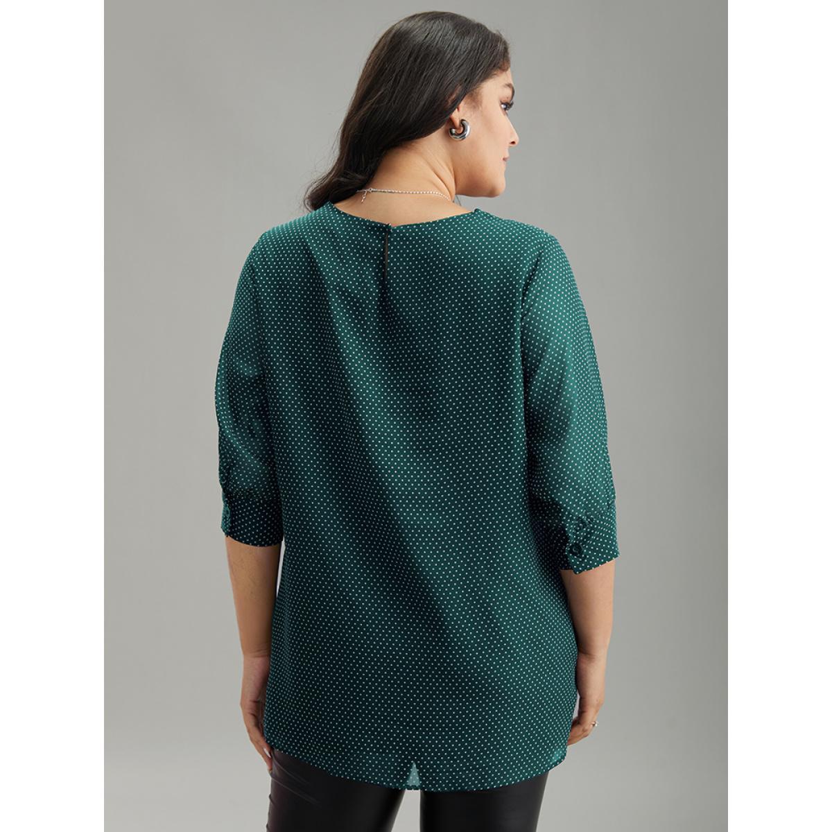 Plus Size DarkGreen Chiffon Polka Dot Mesh Keyhole Twist Front Blouse Women Office Elbow-length sleeve Round Neck Work Blouses BloomChic 18-20/2X Product Image