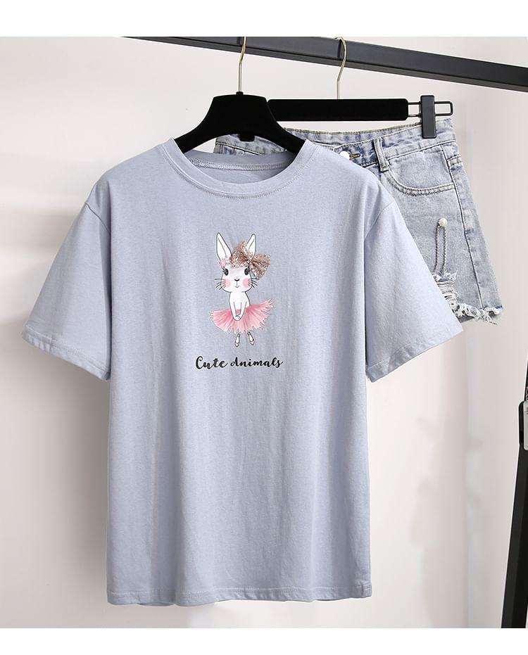 Short-Sleeve Round Neck Cartoon Print T-Shirt / High Waist Washed Faux Pearl Distressed Denim Shorts / Set Product Image